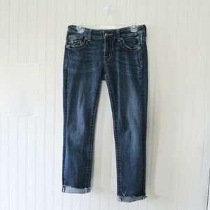Miss Me Buckle Jeans Size 29 Skinny Whisker Raw Hem Cuffed Inseam 31 Bedazzled
